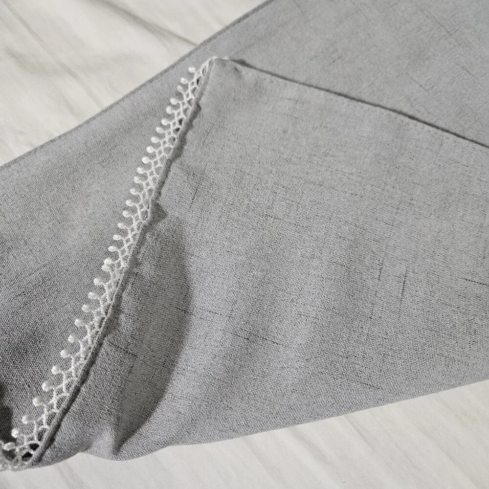 Gray Linen-Look Table Runner 70x14 Inch with Lace Trim Neutral Farmhouse Decor